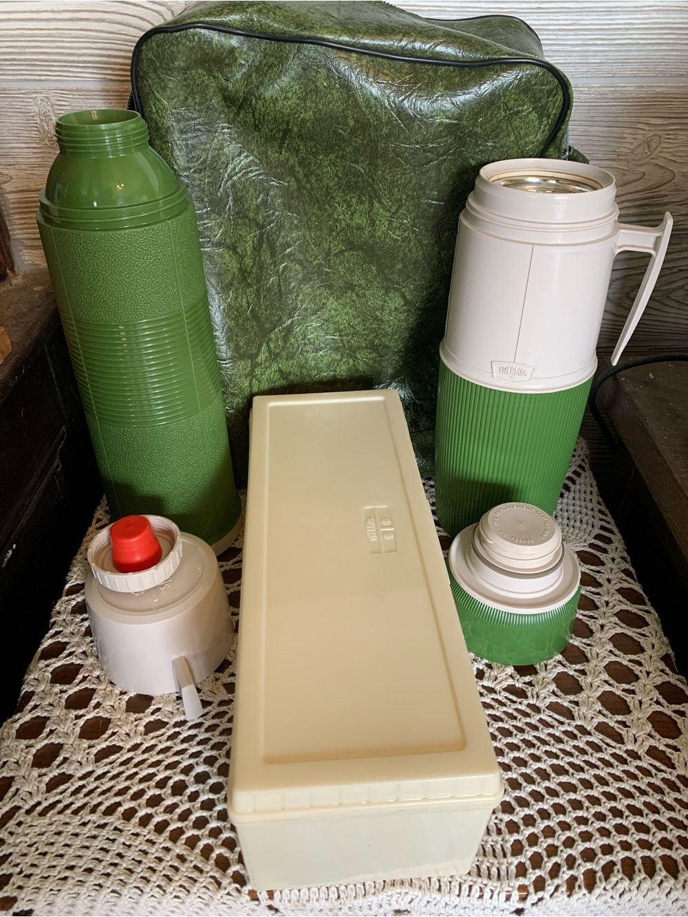 Thermos Green and Cream Vintage Insulated Bottle Set by Thermos